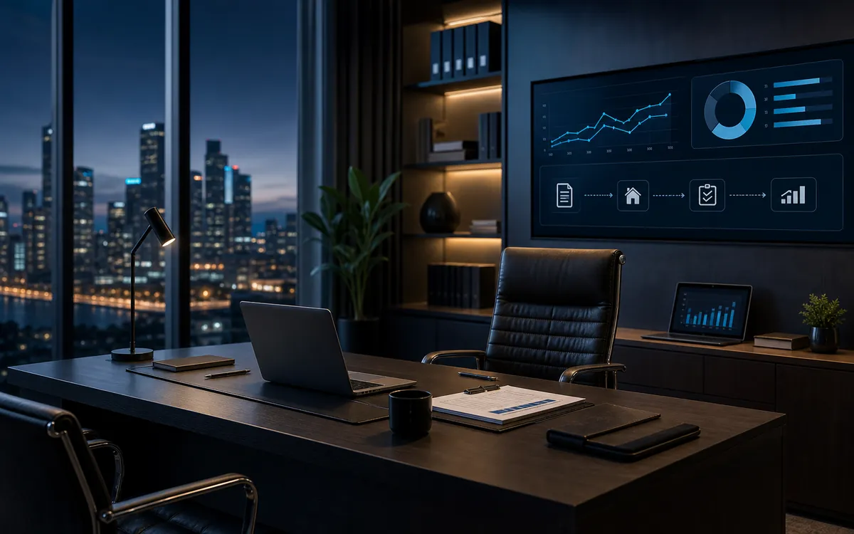 Dark professional office dashboard for SMSF valuation workflow